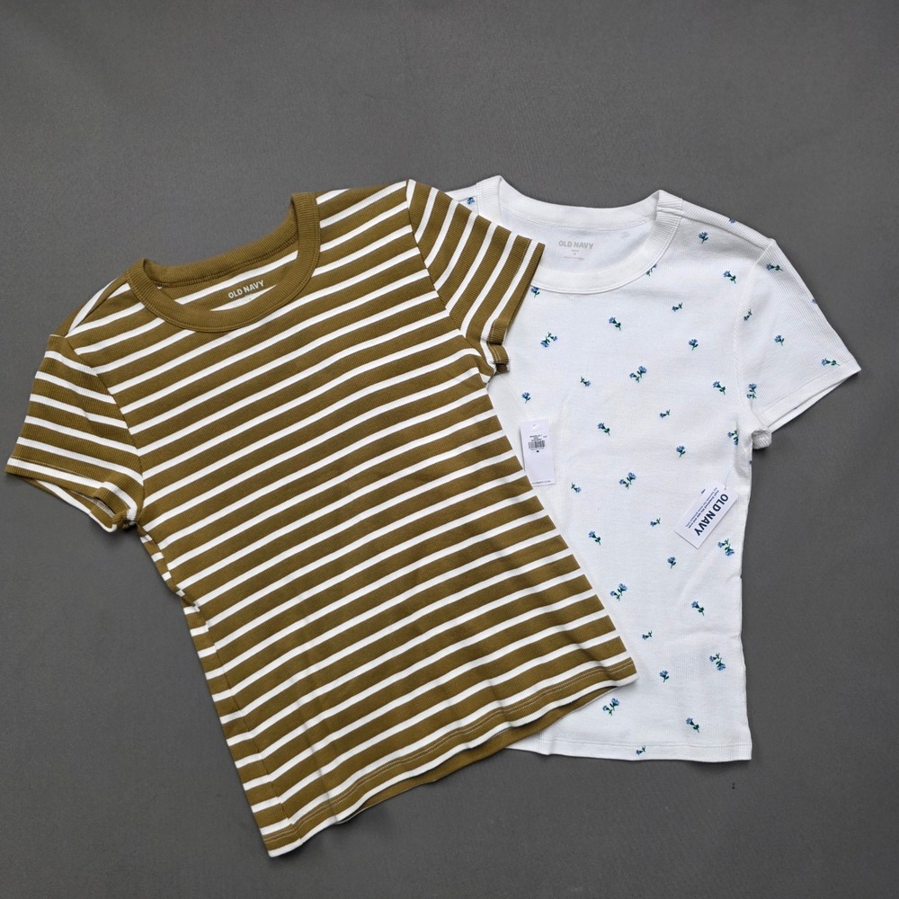 Old Navy T-Shirt 2-Pack Women's Floral and Striped Ribbed Short Sleeve Multi M